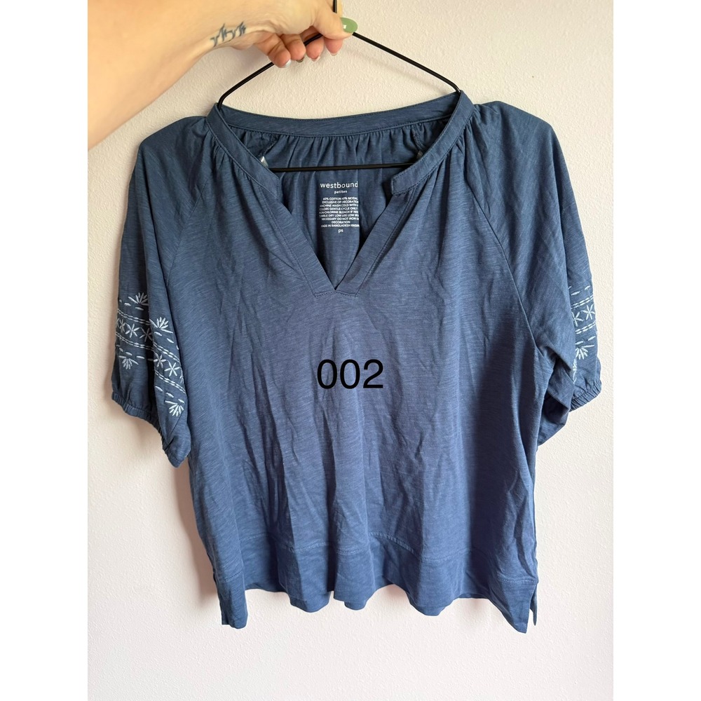 Westbound Embroidered Blouse Womens PS Blue Excellent Split V-Neck Short Sleeve